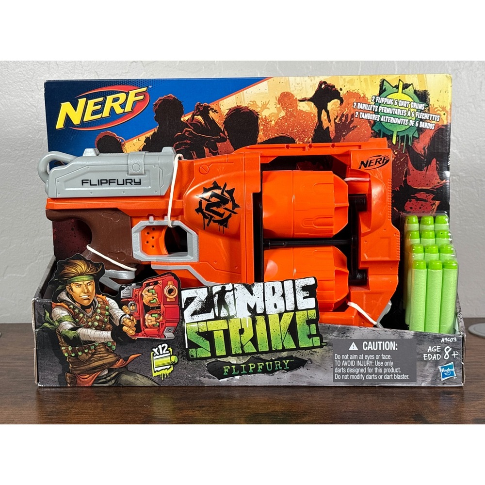 Nerf Zombie Strike FlipFury Blaster Dual Rotating Drums 12 Darts A9603 New Box